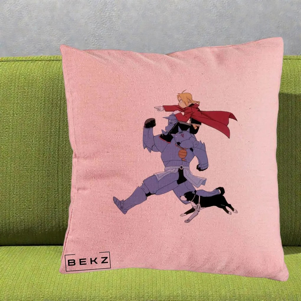 Perna Personalizata Fullmetal Alchemist Edward si Alphonse, 40x40 cm, Roz, Husa Detasabila, Perna Inclusa, BEKZ®