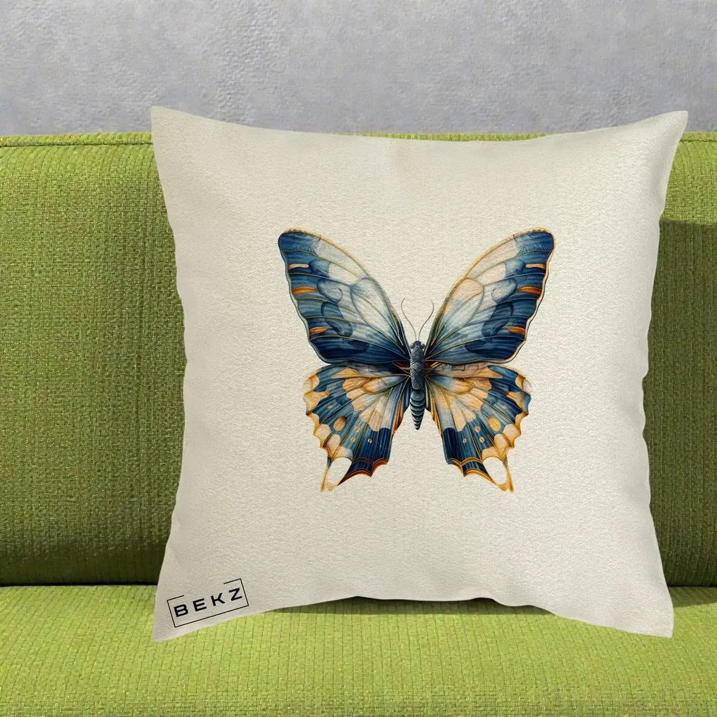 Perna Decorativa Fluture Albastru Auriu Elegant, 40x40 cm, Ecru, Husa Detasabila, Perna Inclusa, BEKZ®