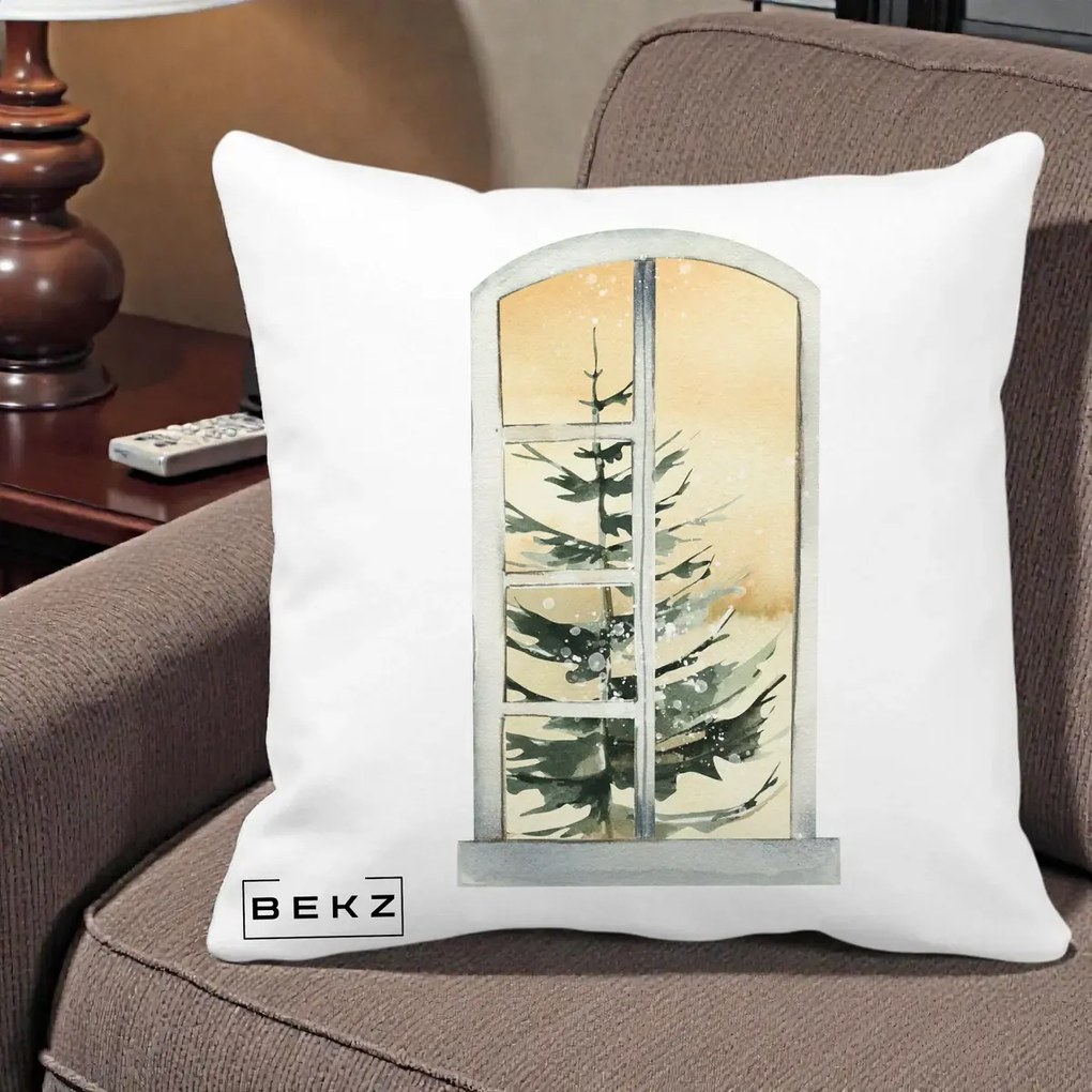 Perna Decorativa Fereastra cu Brad de Iarna, 40x40 cm, Alba Mata, Husa Detasabila, Perna Inclusa, BEKZ®