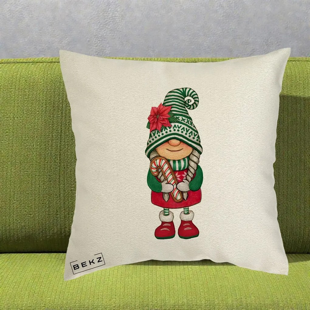 Perna Decorativa Gnom Craciun Verde cu Bomboane si Floare, 40x40 cm, Ecru, Husa Detasabila, Perna Inclusa, BEKZ®