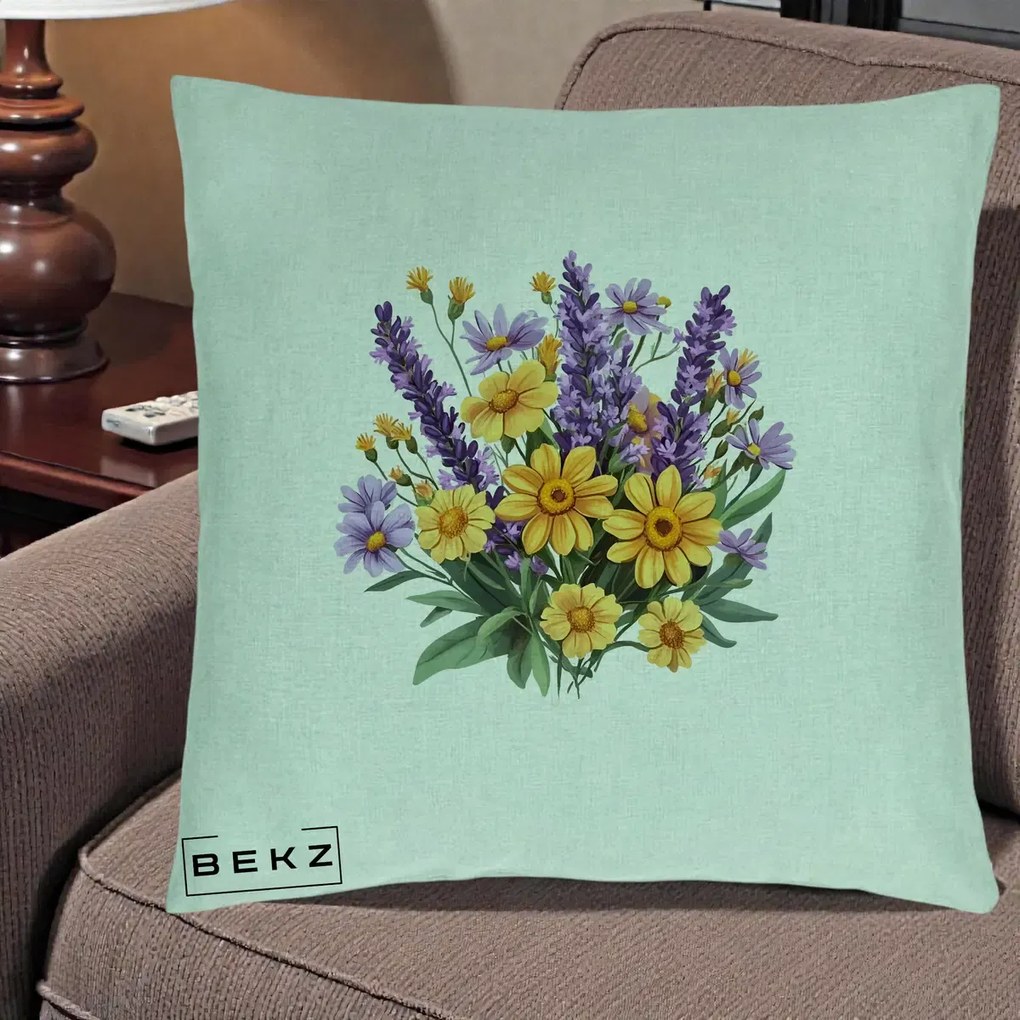 Perna Decorativa Lavanda cu Margarete Galbene si Lila, 40x40 cm, Verde Menta, Husa Detasabila, Perna Inclusa, BEKZ®