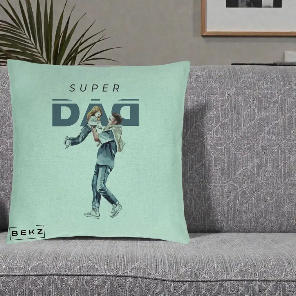 Cadou pentru Tata - Perna Personalizata Super DAD Tata si Fiica, 40x40 cm, Verde Menta, Husa Detasabila, Perna Inclusa, BEKZ®