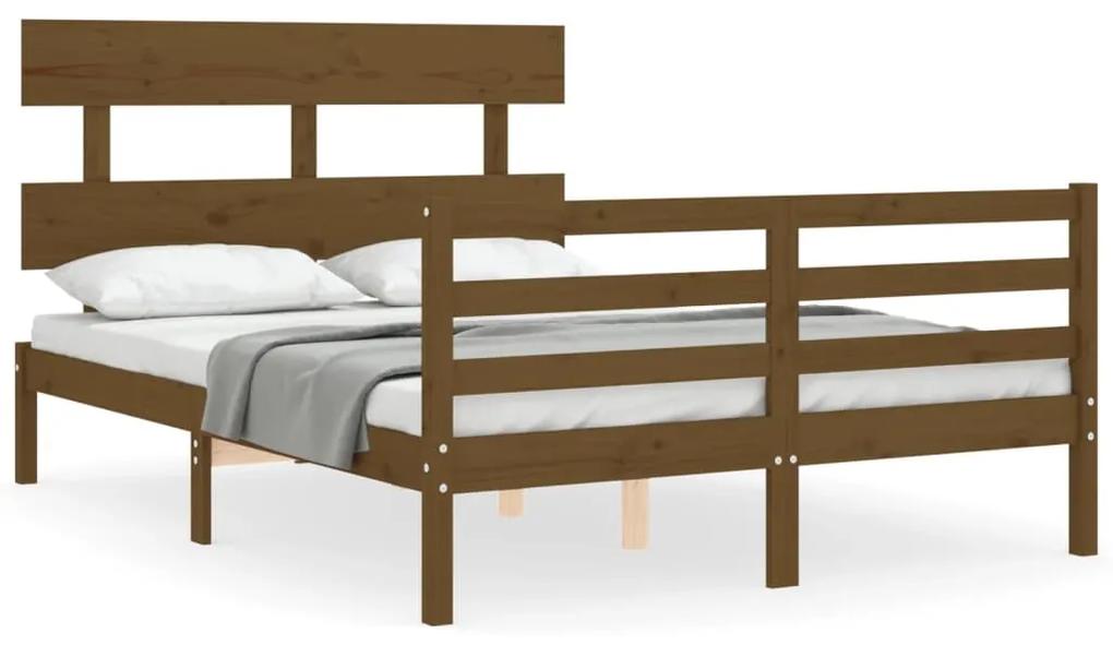 3195064 vidaXL Cadru de pat cu tăblie, dublu mic, maro miere, lemn masiv