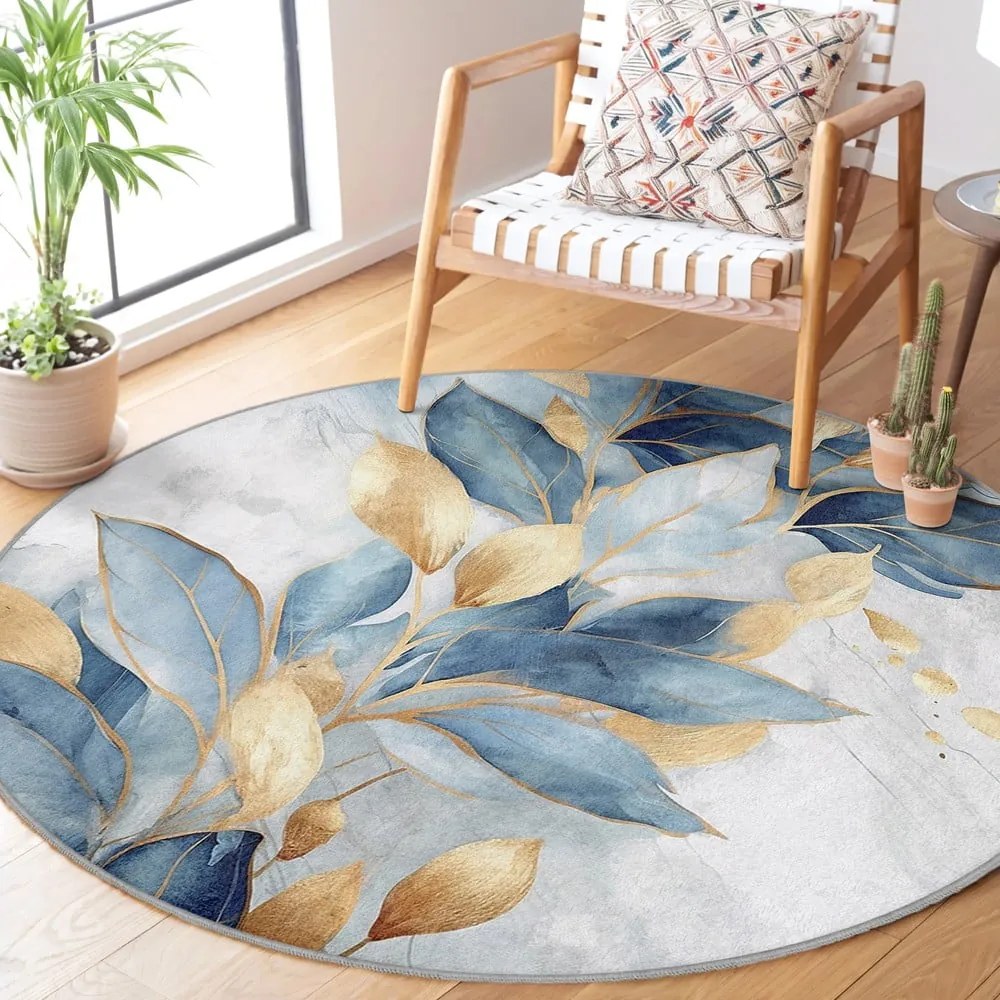 Covor albastru/auriu lavabil rotund ø 120 cm Golden Leaves – Mila Home
