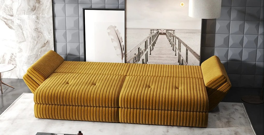 Canapea extensibilă dumonde cu ladă de depozitare si sezut confortabil din spuma high-density, Loana Ambience Mustar 300x100 cm