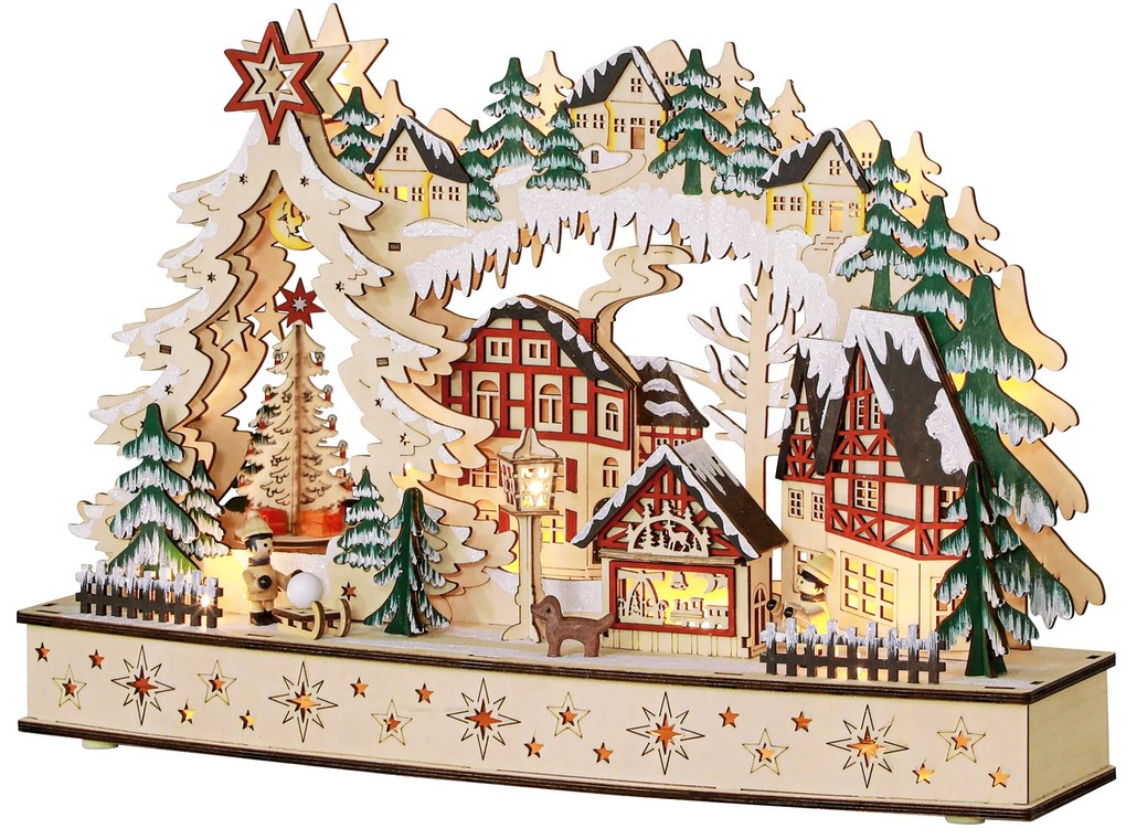 HOMCOM Sat de Crăciun în ținutul de iarnă, 20 LED-uri, multistrat, lemn natural, 45 x 12 x 30 cm | Aosom Romania