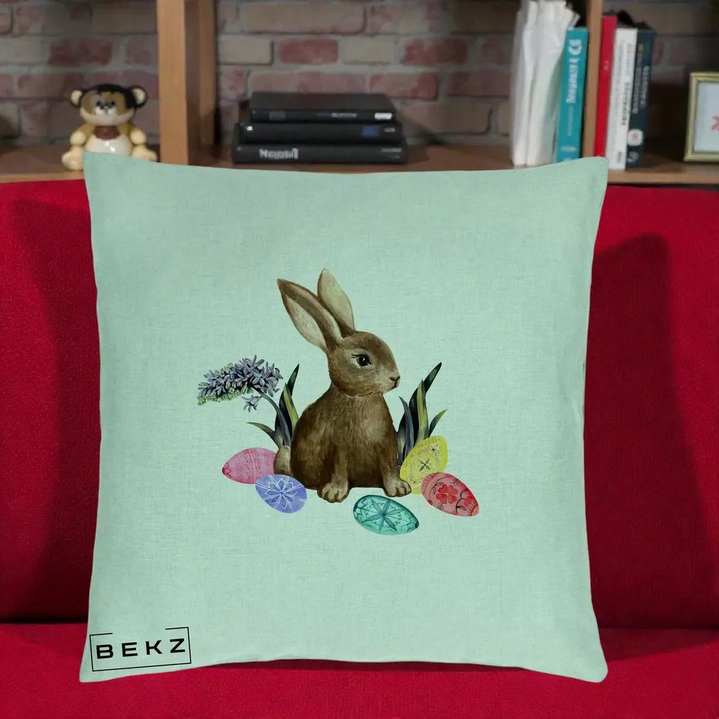 Perna Decorativa Iepuras cu Oua de Pasti Acuarela, 40x40 cm, Verde Menta, Husa Detasabila, Perna Inclusa, BEKZ®