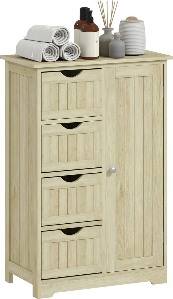 kleankin Dulap de baie Coloană îngustă cu 4 sertare și raft reglabil Stil modern 56x30x83 cm Lemn natural | Aosom Romania