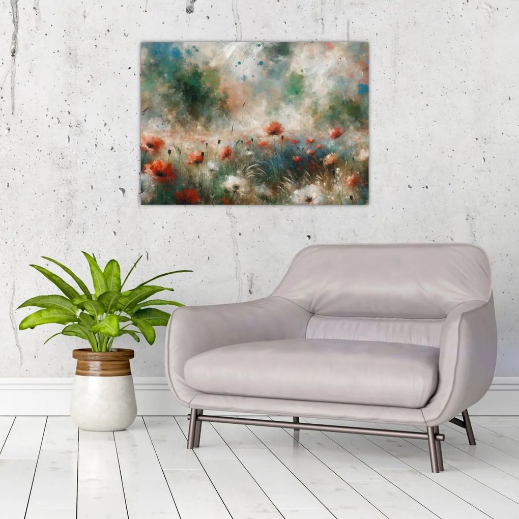 Tablou – Abstracție de câmp cu maci (70x50 cm)