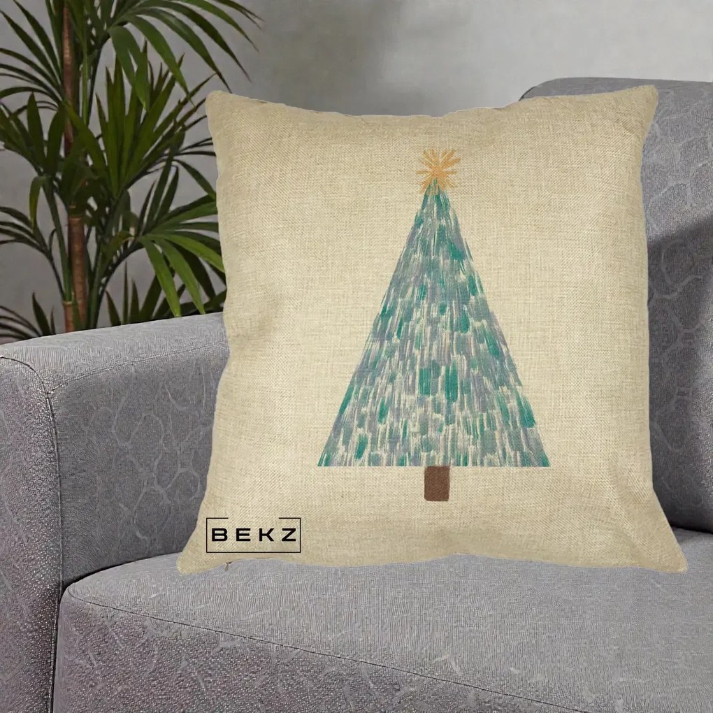Perna Decorativa Brad de Craciun Acrilic Albastru, 40x40 cm, Crem, Husa Detasabila, Perna Inclusa, BEKZ®