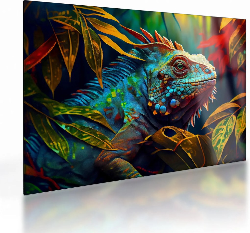 Tablou pe sticlă - Iguana colorată (70x50 cm)
