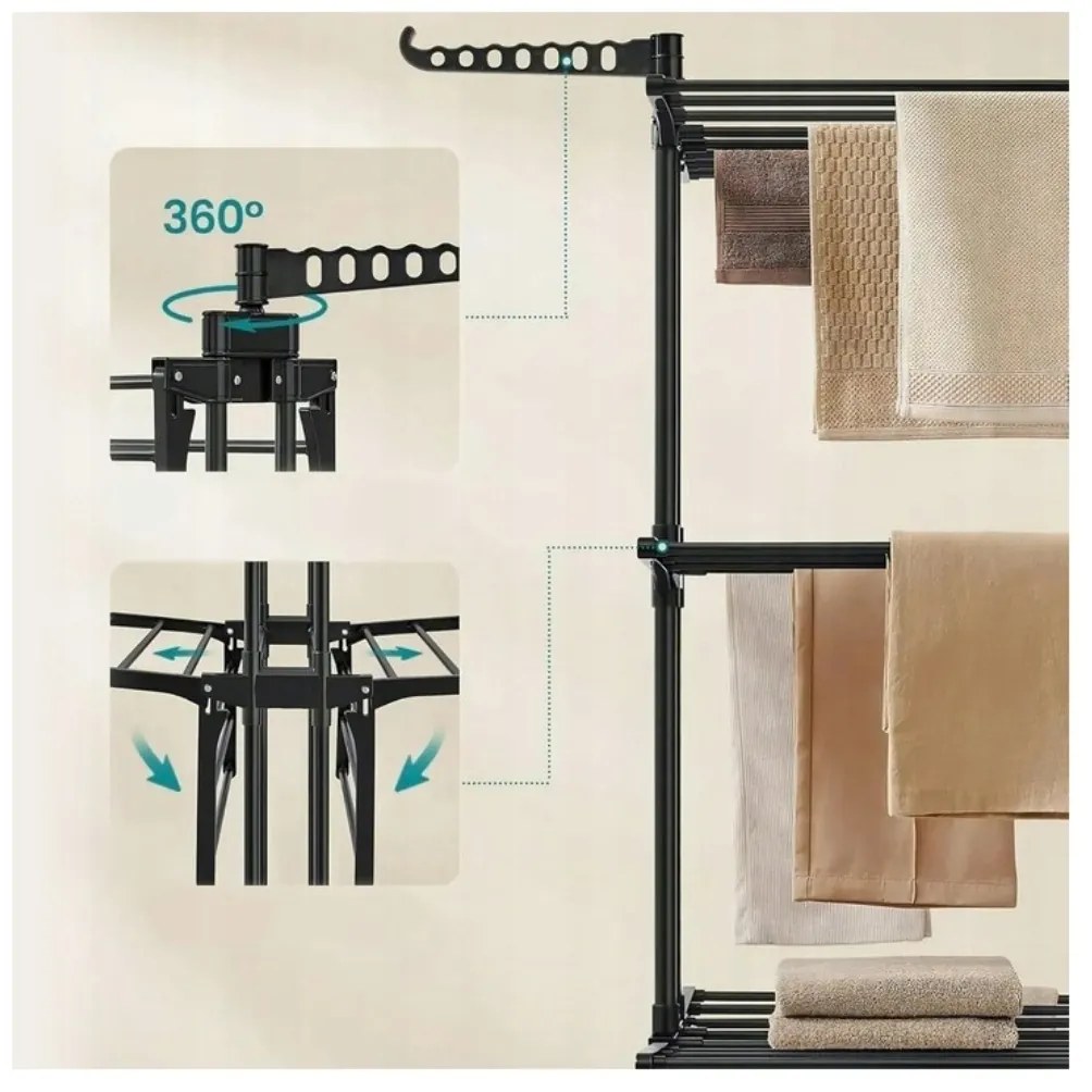Suport vertical, pliabil, pentru uscat rufe, SU02CZ, negru, 3 niveluri, 6 brațe pliabile, sistem de rotație 360°, eCarla