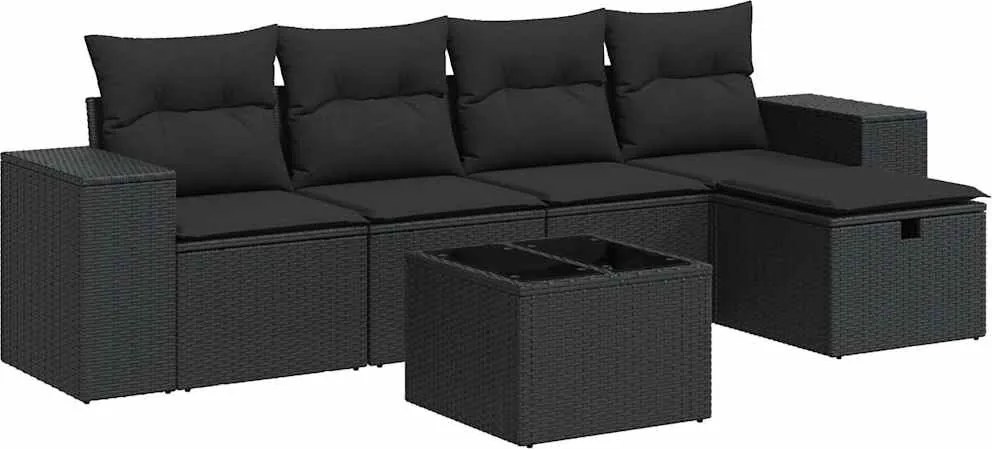 vidaXL Set mobilier de grădină cu perne, 6 piese, negru, poliratan