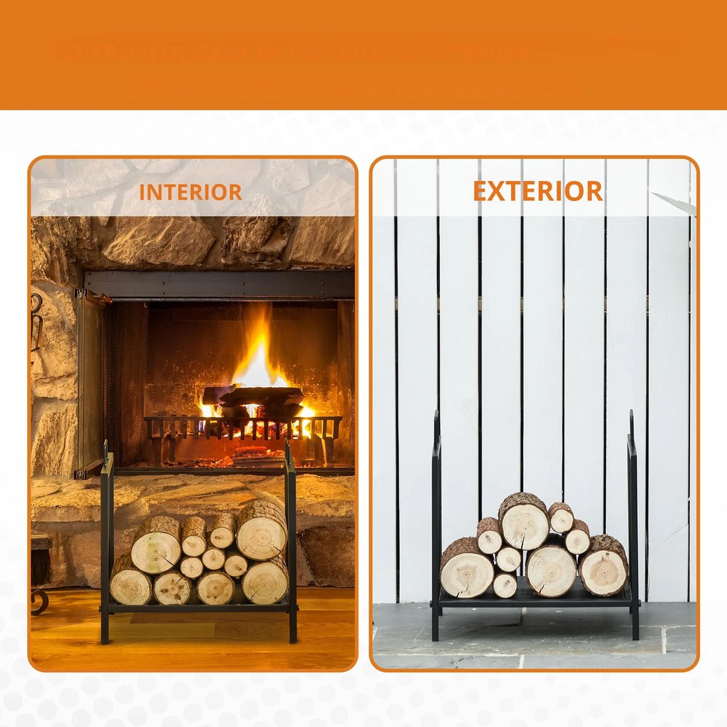 Outsunny Suport pentru Lemne pentru Interior și Exterior cu 2 Mânere, 44,5x33x46,5 cm, Negru | Aosom Romania