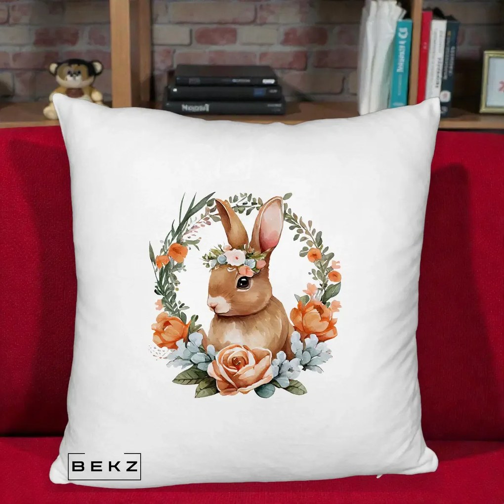 Perna Decorativa Iepuras Floral Coronita Acuarela, 40x40 cm, Alb Pufos, Husa Detasabila, Perna Inclusa, BEKZ®