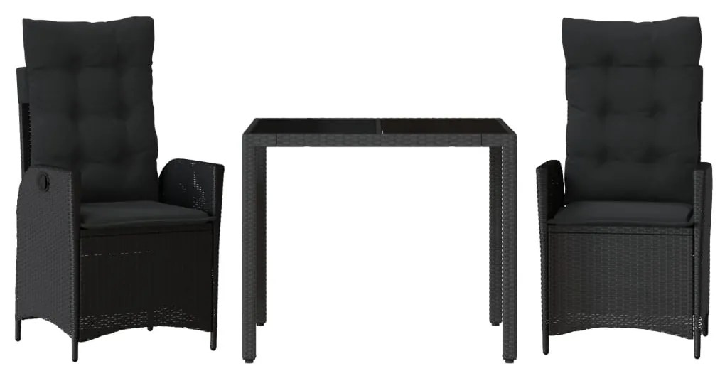 3213067 vidaXL Set mobilier de grădină cu perne, 3 piese, negru, poliratan