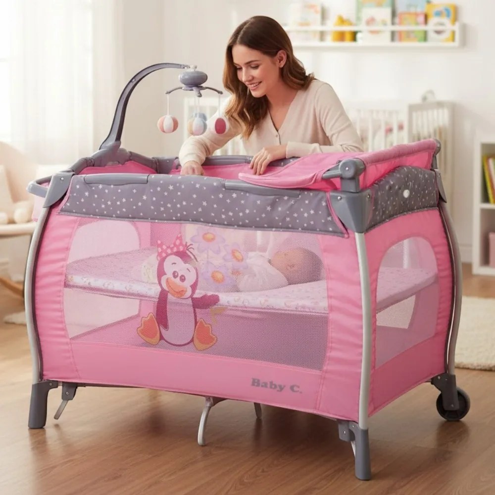 Patut Pliabil rotund cu balansoar, Tarc copii Baby Care™ PRO FRW, 2 Niveluri de inaltime, Cu melodii si Masa infasat, Carusel cu jucarii din plus,