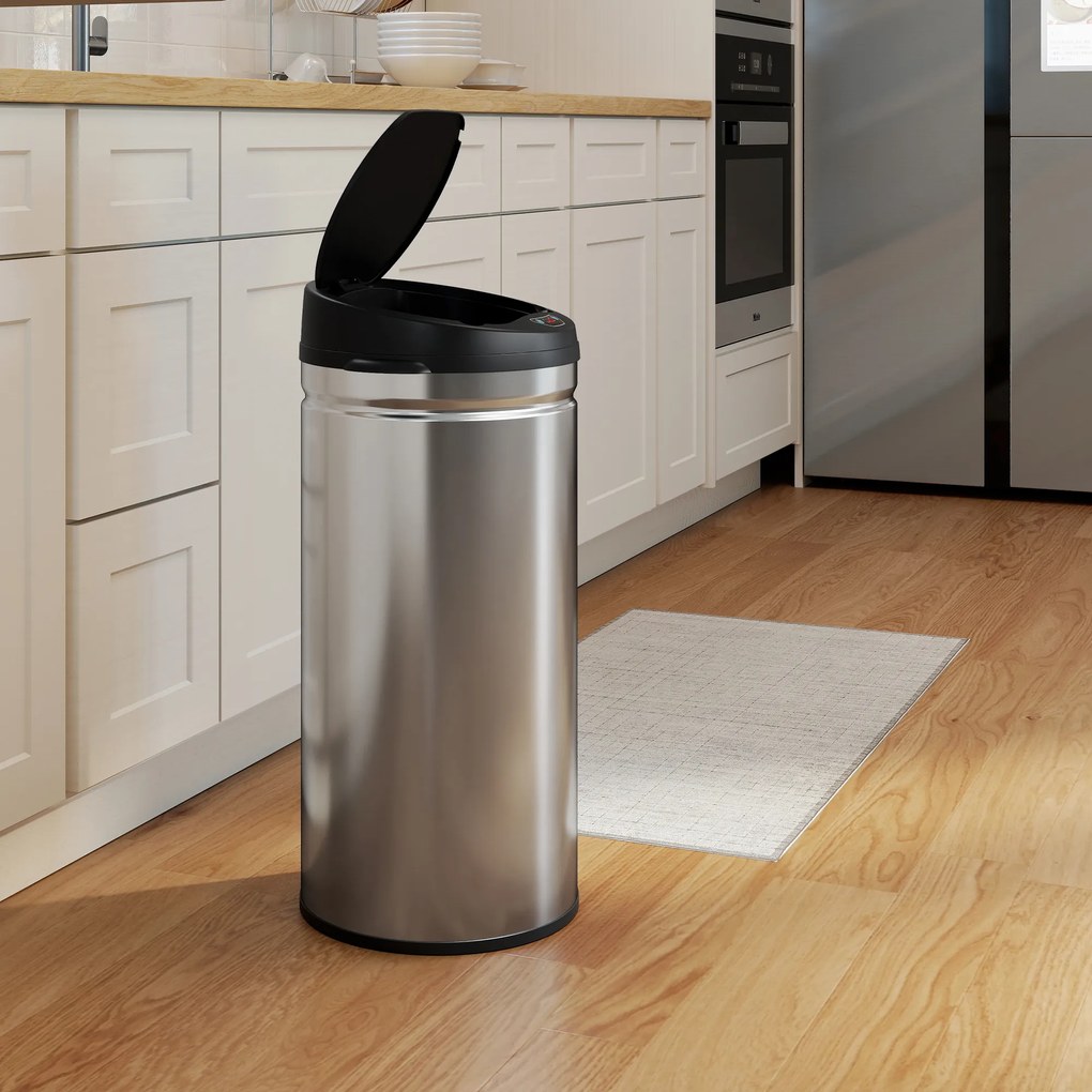 Coș de gunoi HOMCOM de 42L cu Senzor de Mișcare și Deschidere Automată, din Oțel Inoxidabil și ABS, 30.5x30.5x68 cm, Negru și Argintiu | Aosom Romania