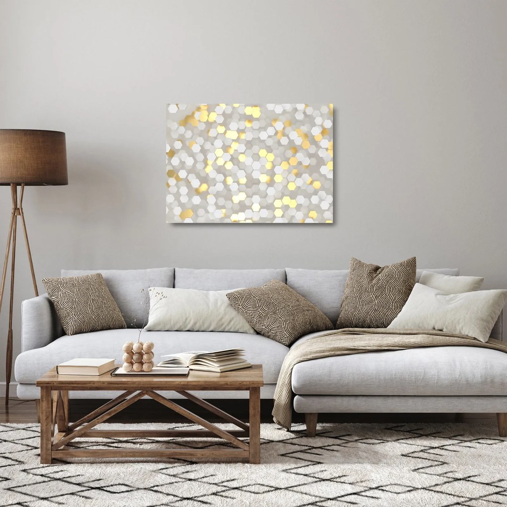 Tablou pe sticlă - Hexagoane alb - auriu (70x50 cm)