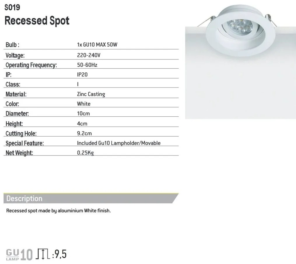 Spot incastrabil GU10 ZINC CASTING alb