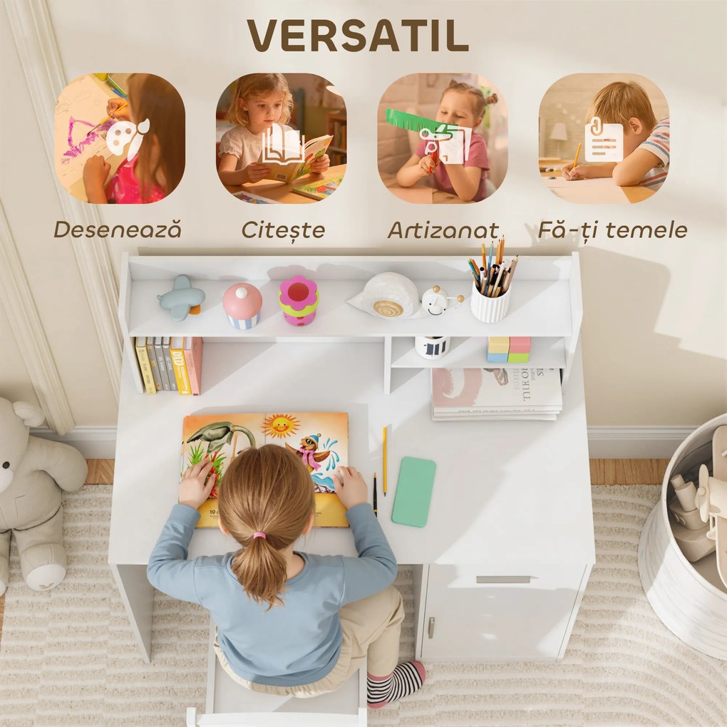 AIYAPLAY Birou pentru copii cu rafturi, dulap, sertar și scaun, alb | Aosom Romania