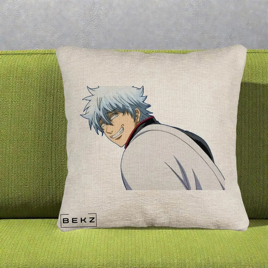 Perna Personalizata Gintama Gintoki Portret cu Zambet, 40x40 cm, Bej Canapea, Husa Detasabila, Perna Inclusa, BEKZ®