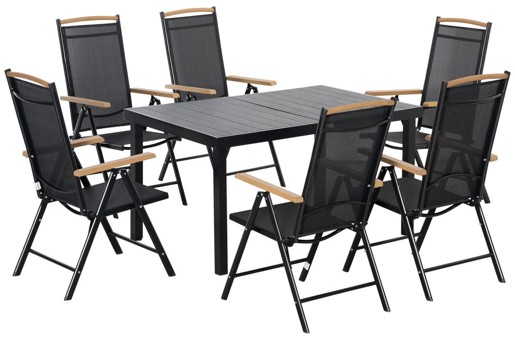Outsunny Salon de grădină exterioară 6 persoane, cadru din aluminiu, masă 140 cm, 6 scaune pliabile și înclinabile, negru | Aosom Romania