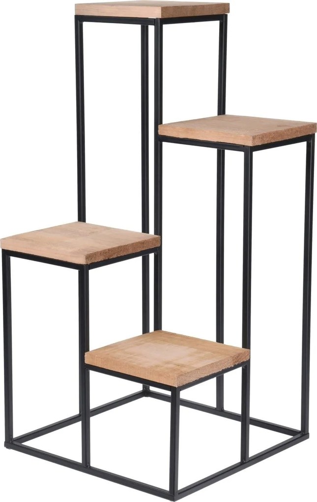 Stand pentru plante metalic cu spațiu pentru 4 ghivece, 67 cm, negru, cu blat din lemn