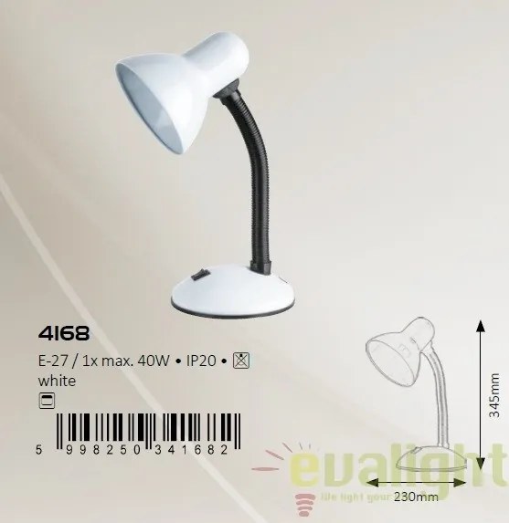 Veioza, Lampa de birou, finisaj alb, Dylan 4168 RX