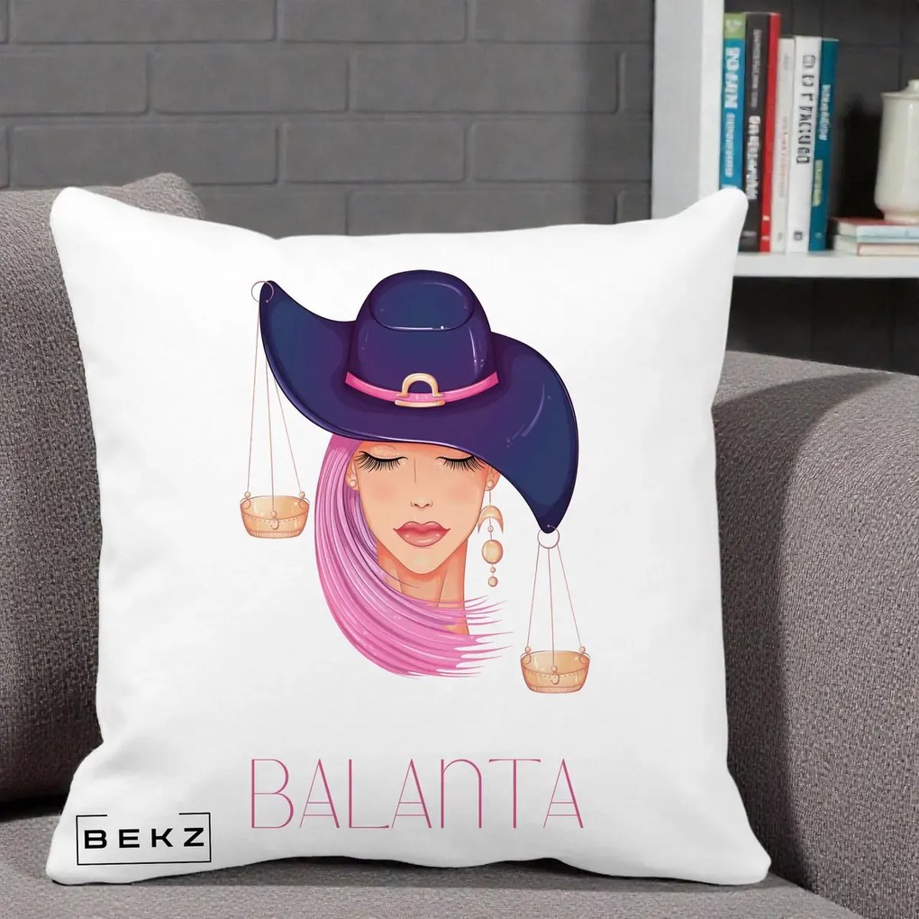 Perna Personalizata Zodiac Balanta Cowgirl, 40x40 cm, Alba Mata, Husa Detasabila, Perna Inclusa, BEKZ®