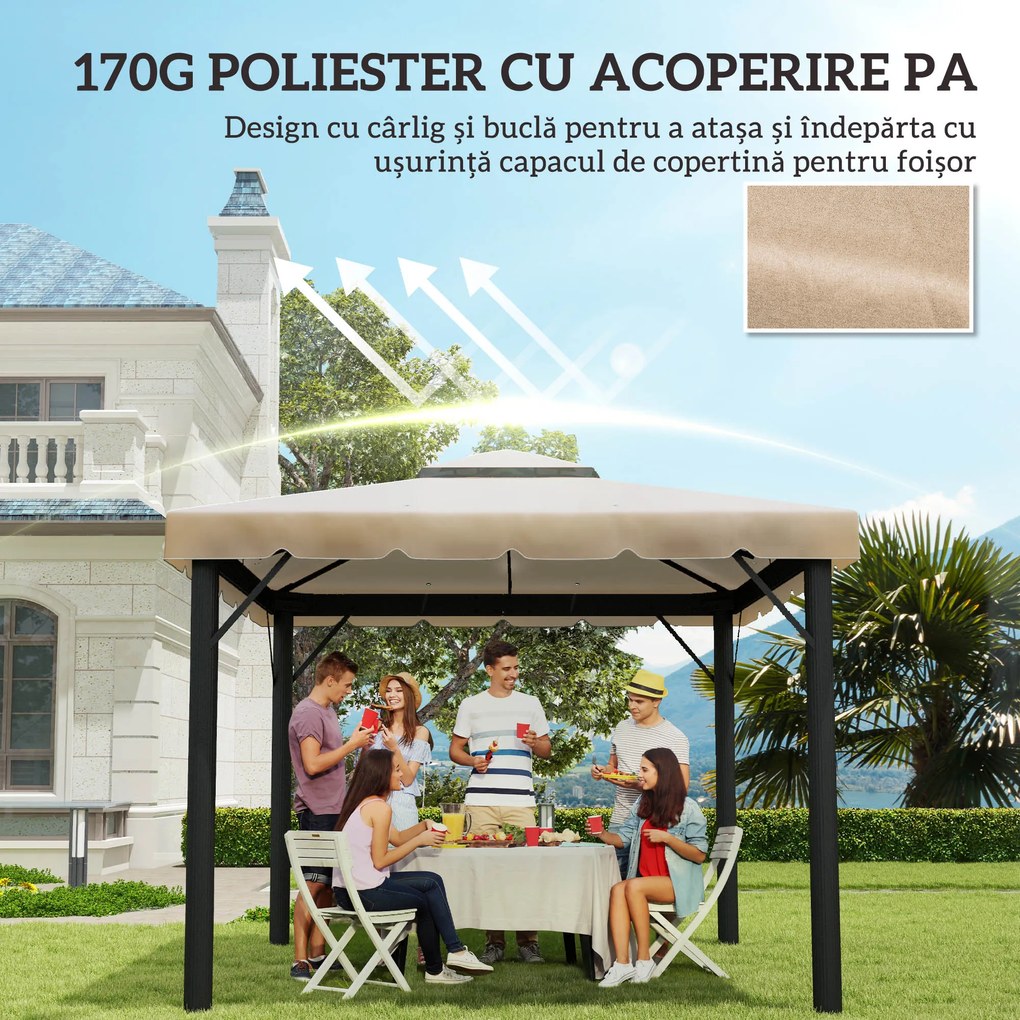 Outsunny Acoperiș de Schimb pentru Pavilion 3x3 m cu 2 Niveluri, Copertină Rezistentă la Apă din Poliester 170g/㎡ cu 8 Orificii de Drenaj, Bej | Aosom Romania