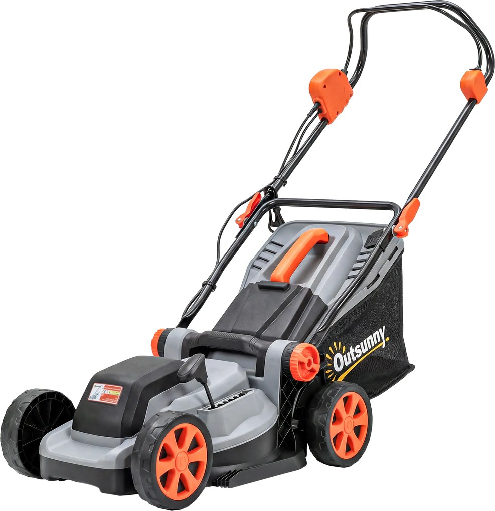 Outsunny Mașină de tuns gazon electrică 1200 W, lățime de tăiere 34 cm, coș colector 35L, funcție mulcire, 6 înălțimi de tăiere, mâner reglabil | Aosom Romania
