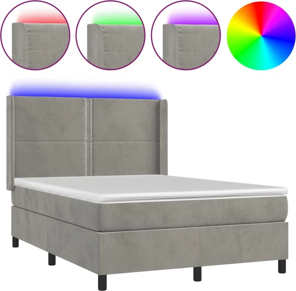 vidaXL Pat cu arcuri, saltea și LED, gri deschis, 140x200 cm, catifea