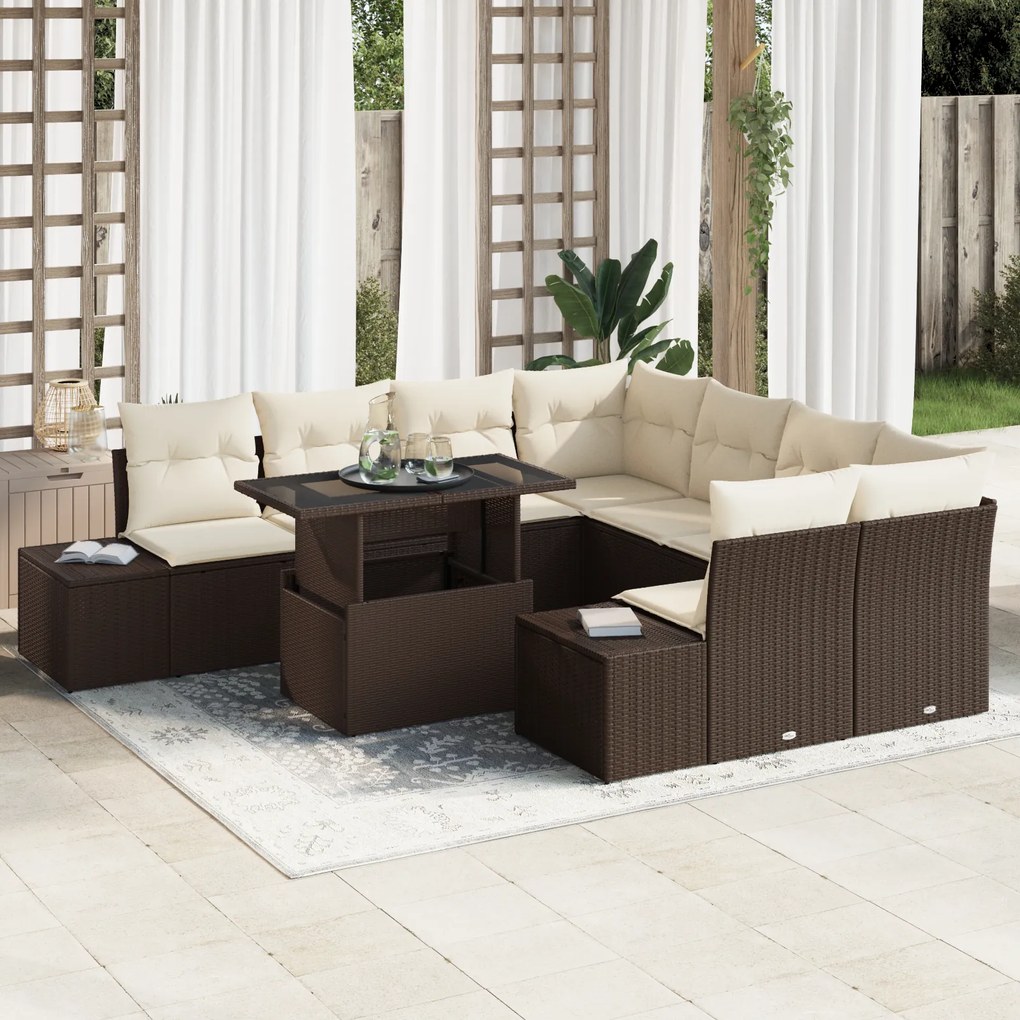 vidaXL Set de canapele pentru grădină cu pernă 9 pcs maro și crem