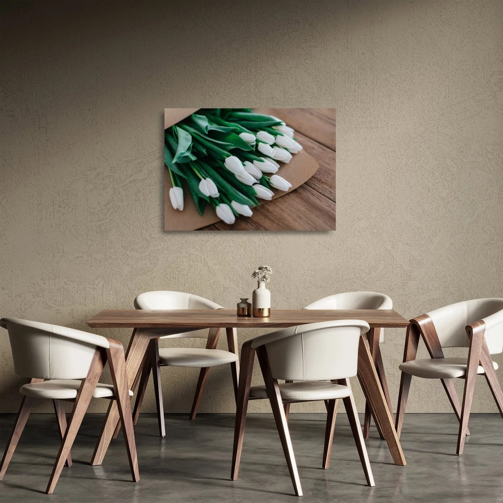 Tablou pe sticlă cu buchet de lalele albe (70x50 cm)