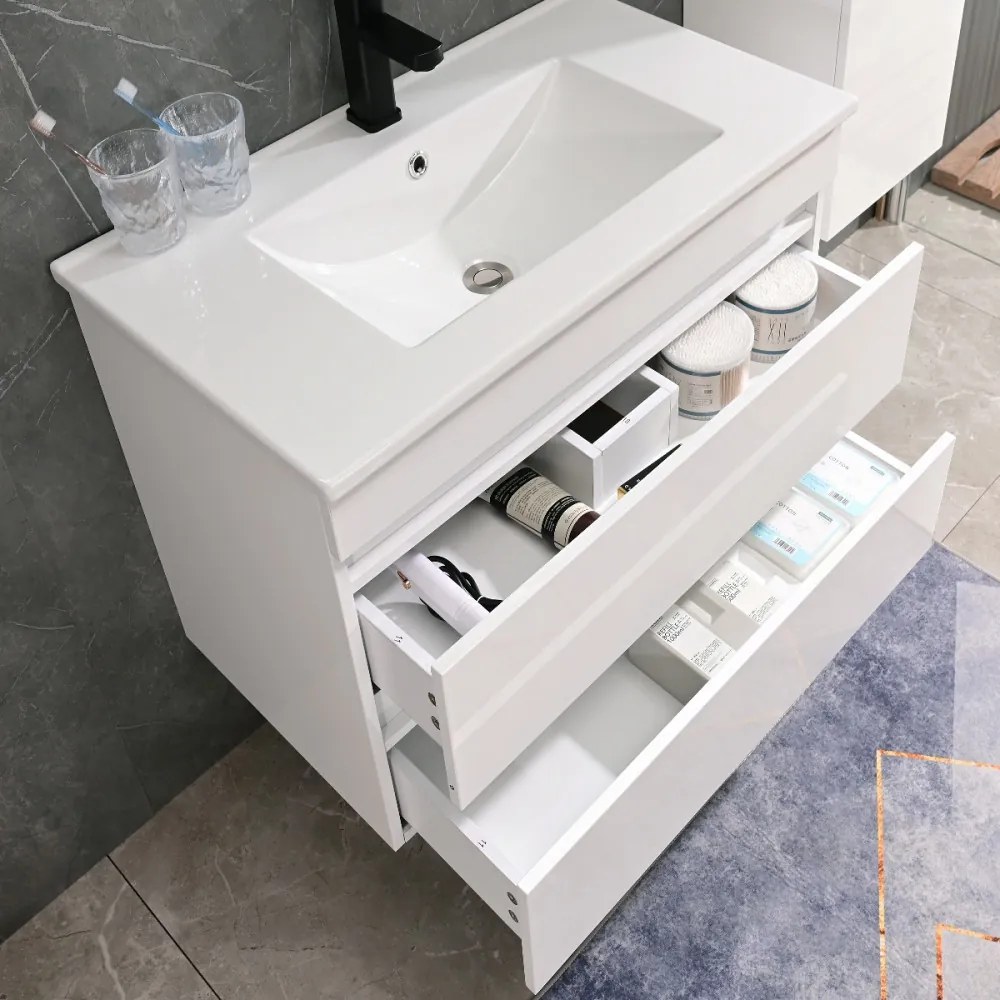 Mobilier de baie Cube 80 cm cu lavoar ceramic (2 sertare) și oglindă 60x80 cm vopsit în alb lucios