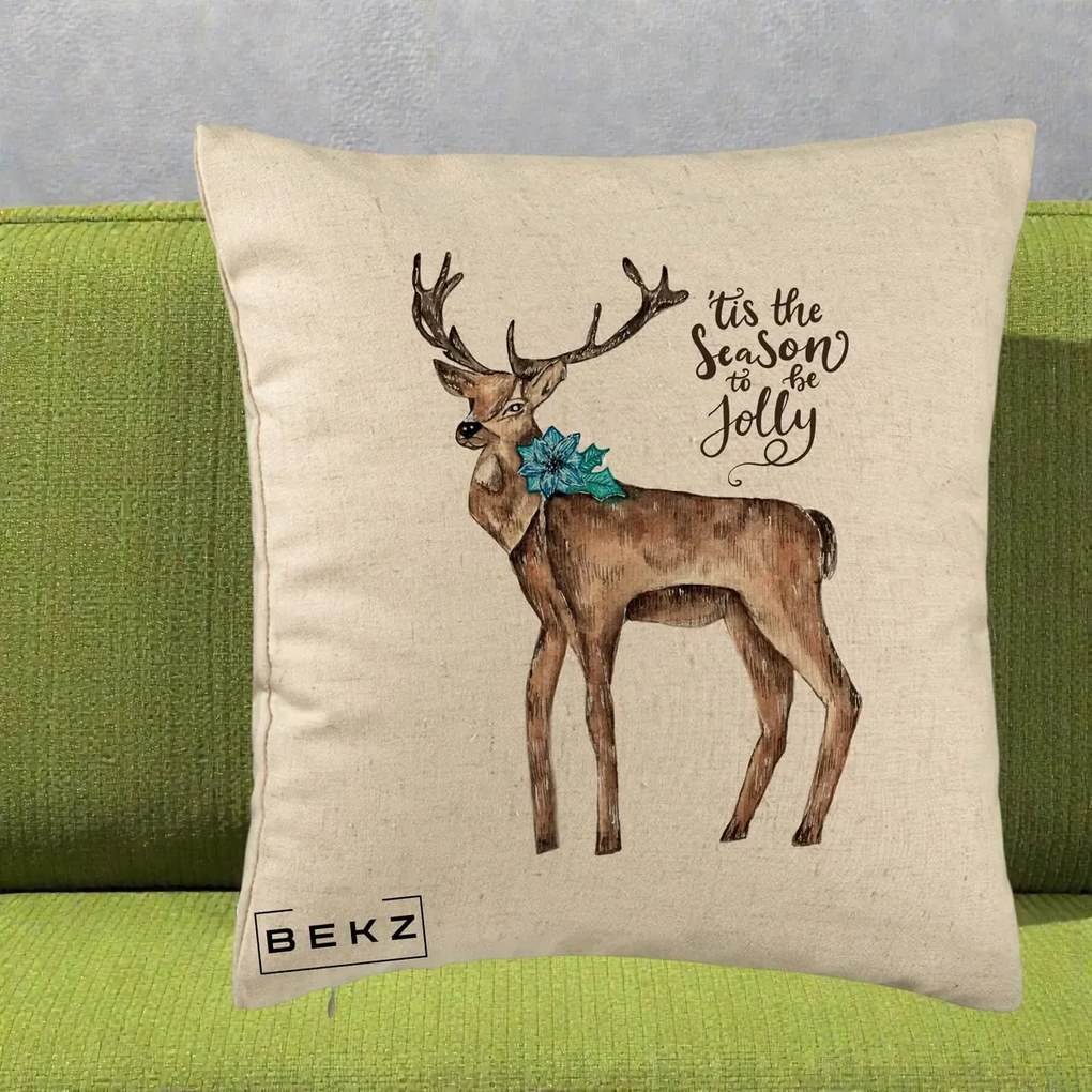 Perna Decorativa Ren Tis the Season to be Jolly, 40x40 cm, Bej, Husa Detasabila, Perna Inclusa, BEKZ®