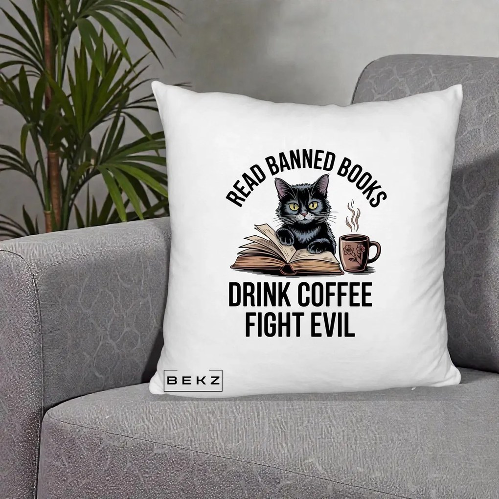 Perna Personalizata Read Banned Books Pisica, 40x40 cm, Alb Pufos, Husa Detasabila, Perna Inclusa, BEKZ®