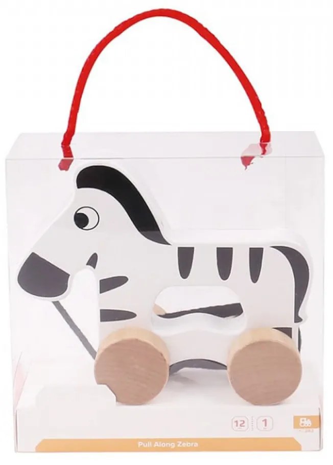 Jucarie educativa de tras din lemn masiv NOVOKIDS™ My first Tiny Zebra, Cu roti, Motricitate , Cu sfoara de tractare, Materiale Eco, Alb cu Negru