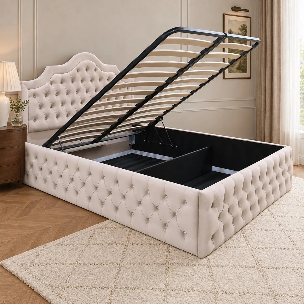 Pat tapițat Chesterfield din catifea Imperio Deluxe 140×200 cm, crem, cu ladă de depozitare