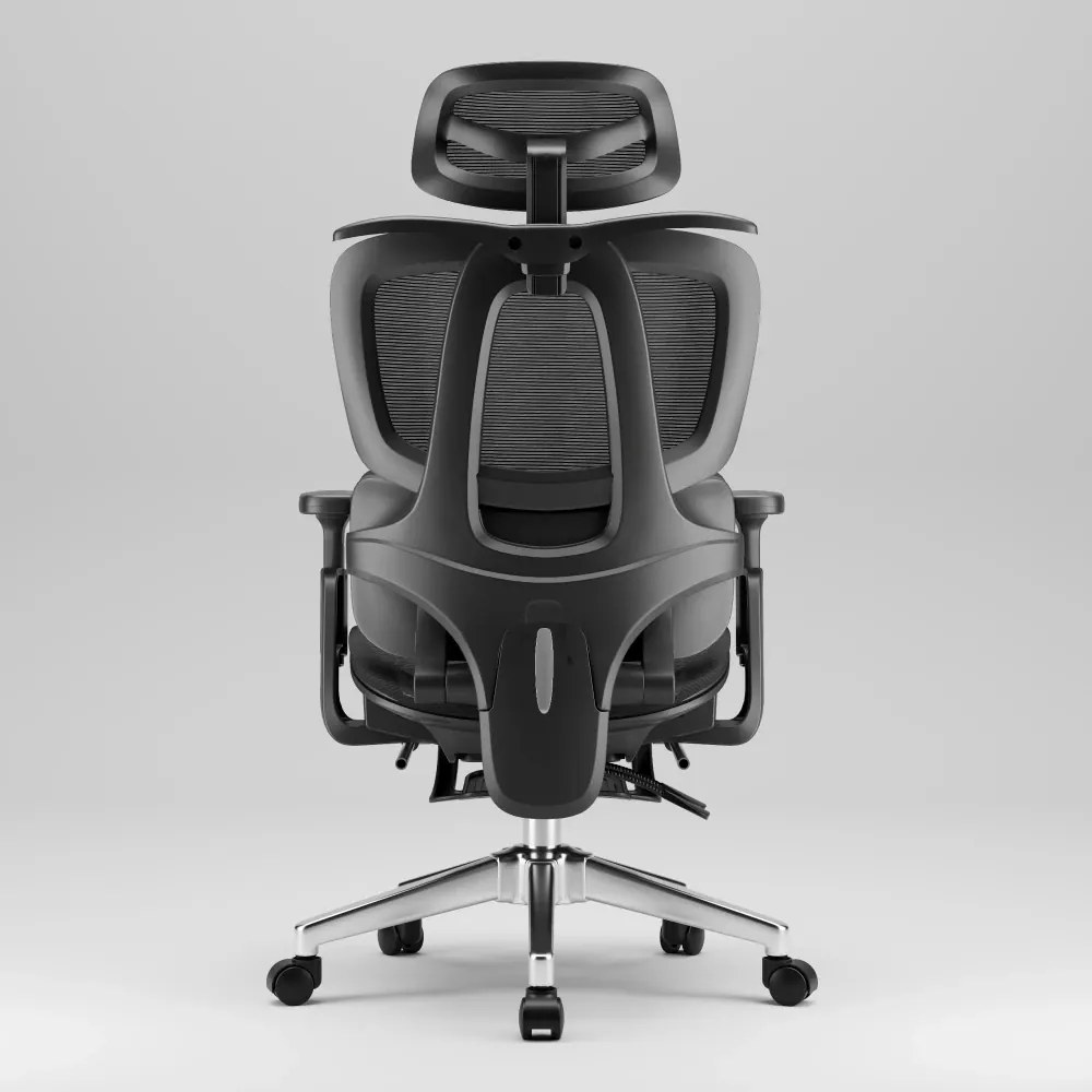 MILANO E06 Executive – Scaun Ergonomic cu Suport Lombar Reglabil în 2 Trepte, Tetieră Reglabilă, Cotiere 3D, Reclinare 135°, Umeraș Integrat, Suport pentru Picioare și Bază Metalică, Mesh, Negru