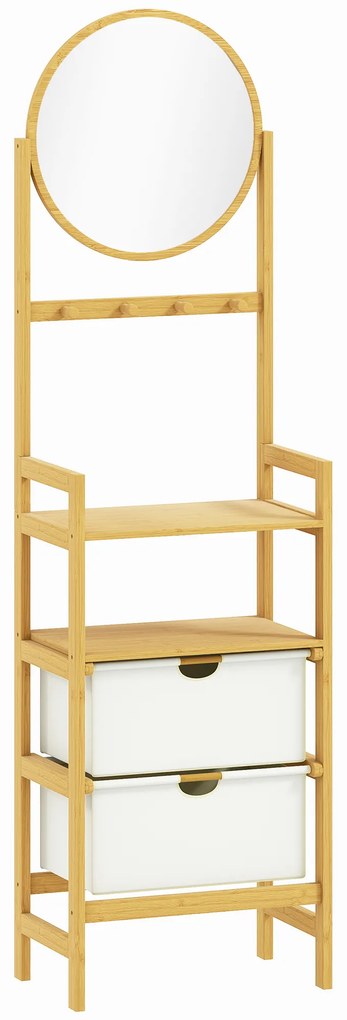 HOMCOM Raft de baie din bambus cu oglindă cu 4 cârlige 2 rafturi deschise și 2 sertare din material textil 48,5x30x170 cm Natural | Aosom Romania