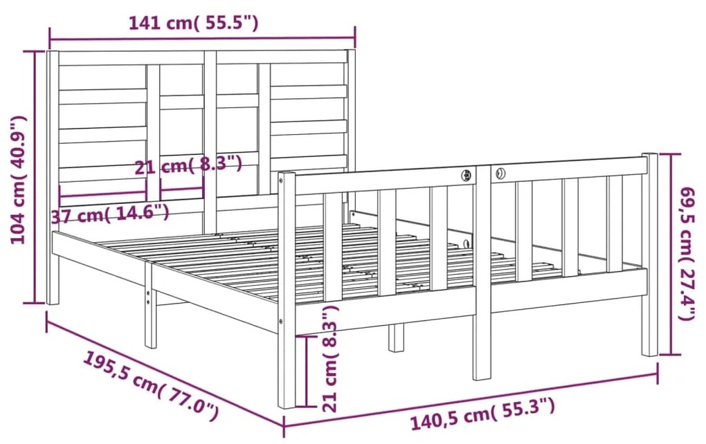 Cadru de pat dublu 4FT6, gri, 135x190 cm, lemn masiv Gri, 135 x 190 cm