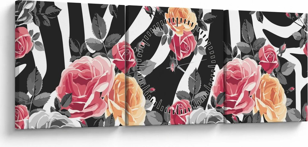 Tablou cu trandafiri înfloriți (cu ceas) (90x30 cm)