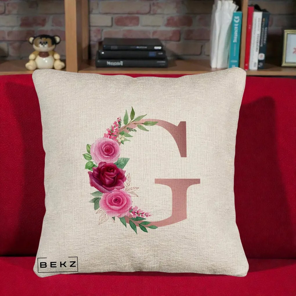 Cadou Personalizat - Perna Personalizata Monograma Rose Gold Litera G, 40x40 cm, Bej Canapea, Husa Detasabila, Perna Inclusa, BEKZ®