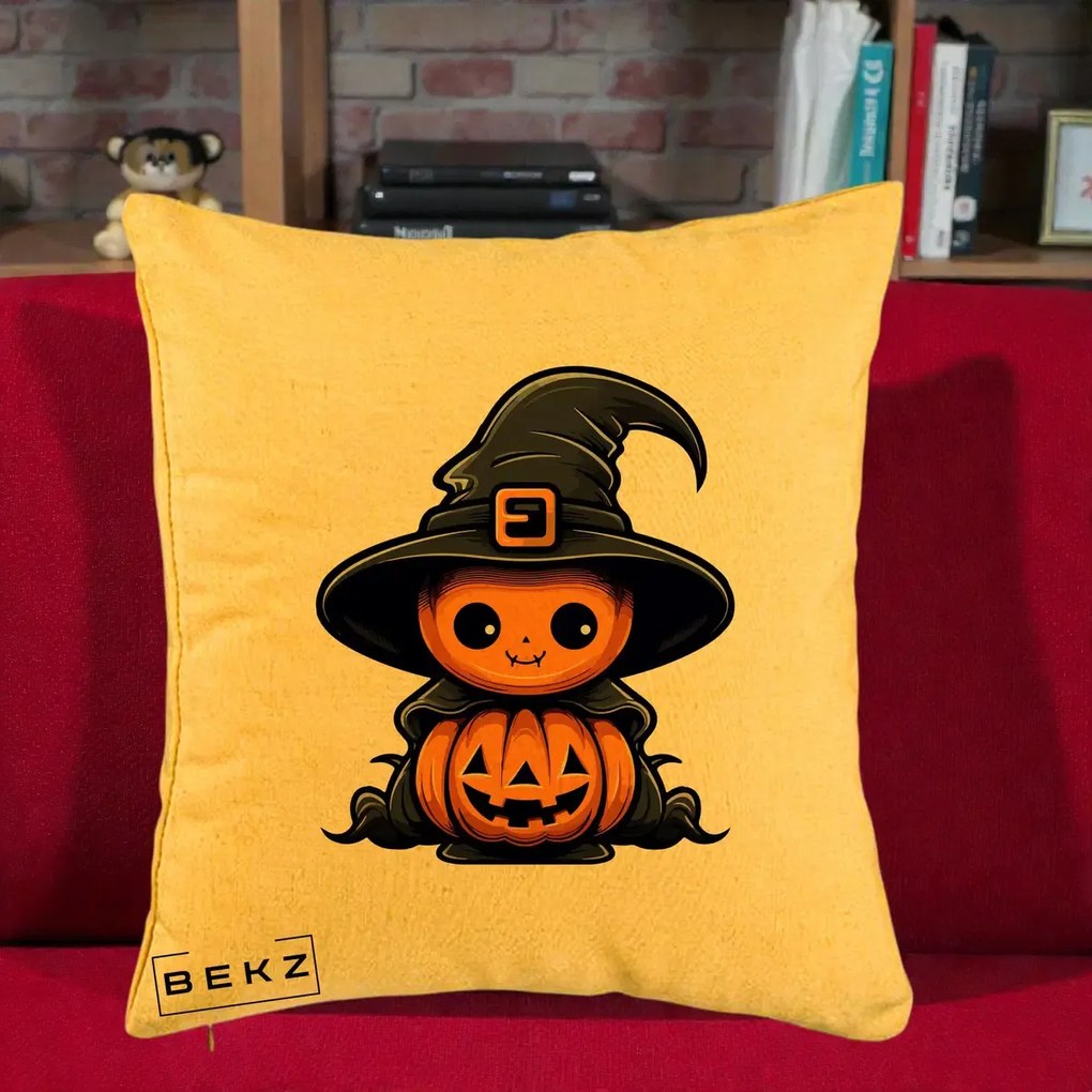 Perna Decorativa Halloween Dovleac Vrajitor Kawaii, 40x40 cm, Galben, Husa Detasabila, Perna Inclusa, BEKZ®