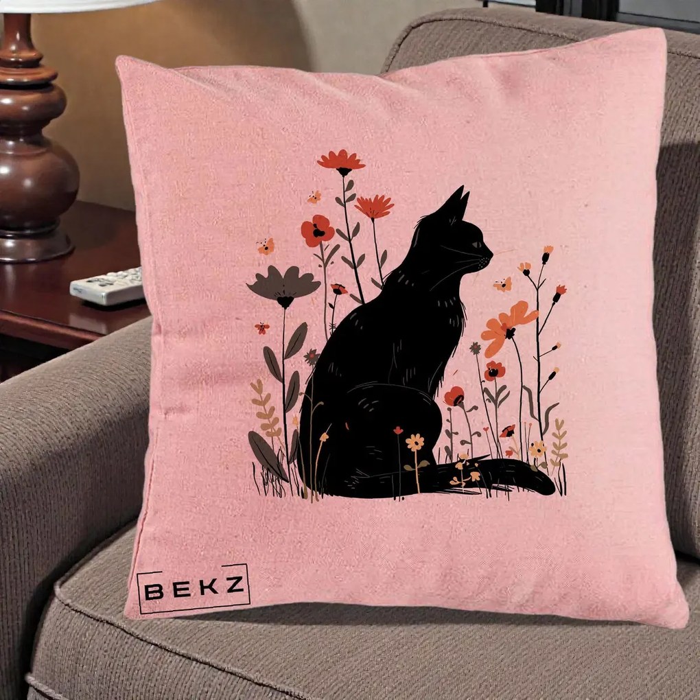 Perna Decorativa Pisica Neagra Profil Flori Portocalii, 40x40 cm, Roz, Husa Detasabila, Perna Inclusa, BEKZ®