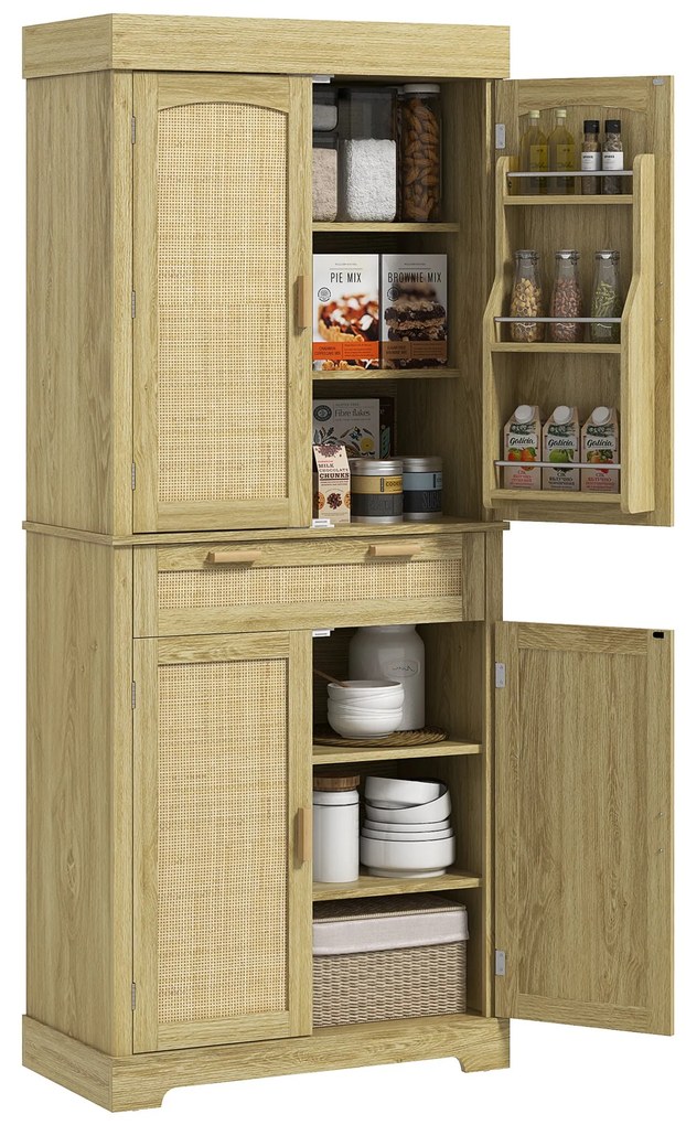 HOMCOM Dulap Bucătărie 76×40×183 cm cu 2 Uși și Sertar, Rafturi Condimente, Stejar | Aosom Romania
