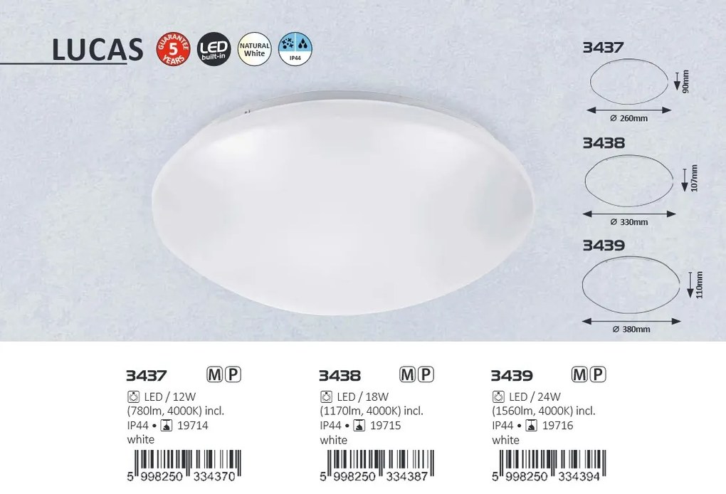 Plafoniera LED moderna pentru baie cu protectie IP44 Lucas 3437 RX
