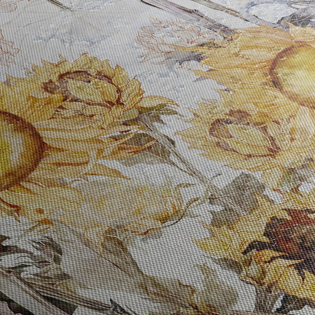 Tablou - Floarea-soarelui pe perete (cu ceas) (90x30 cm)